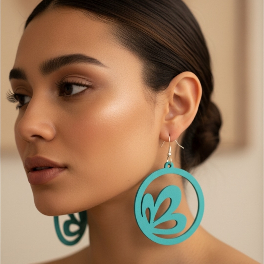 Round wooden stud earrings, openwork earrings, dangle earrings. 6.5 Cm